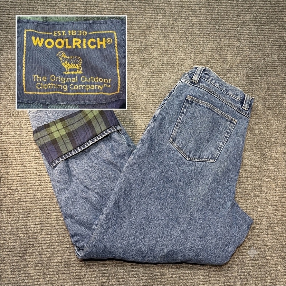Woolrich Mens Flannel Lined Jeans 40x32 Blue Denim Plaid Lining 1910WS Indigo